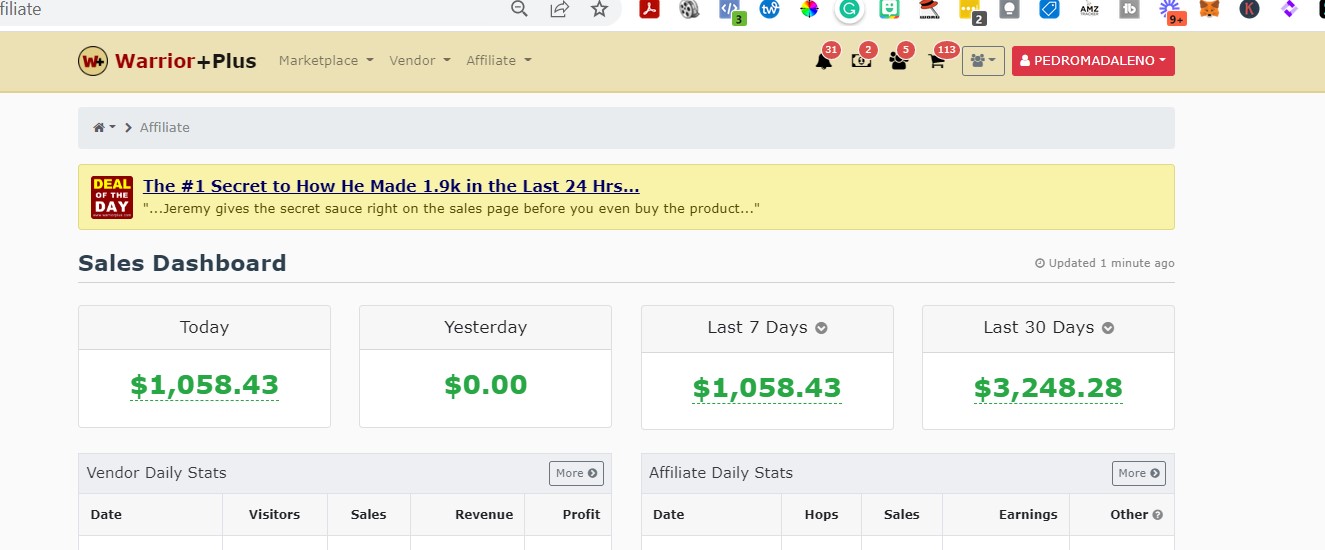 WarriorPlus sales dashboard – $1,058 in a day
